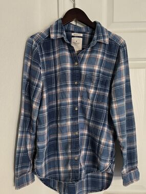 American Eagle Outfitters Blue Plaid Long-Sleeve Button-Down Shirt